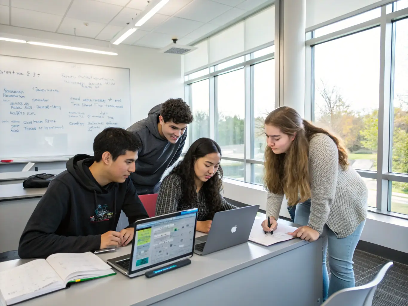 A diverse group of students collaborating on a coding project in a modern classroom setting, with multiple screens displaying lines of code and web development interfaces.