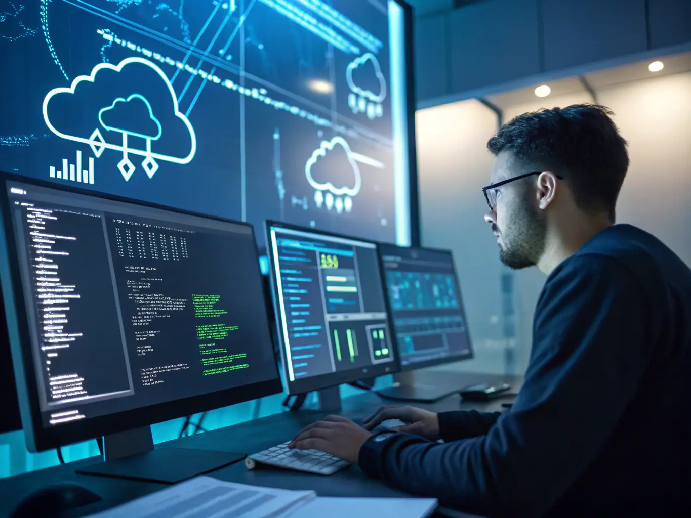 An image showcasing the deployment process of a web application, with cloud infrastructure and DevOps tools displayed.