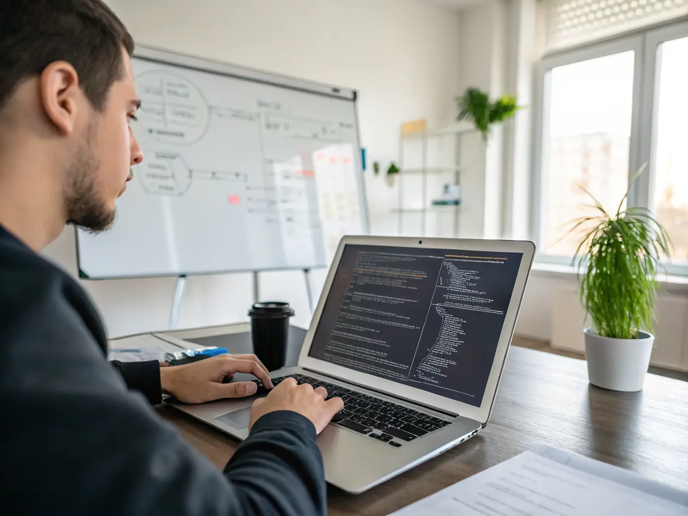 A developer working on back-end code, with server-side technologies and database schemas visible on the screen.