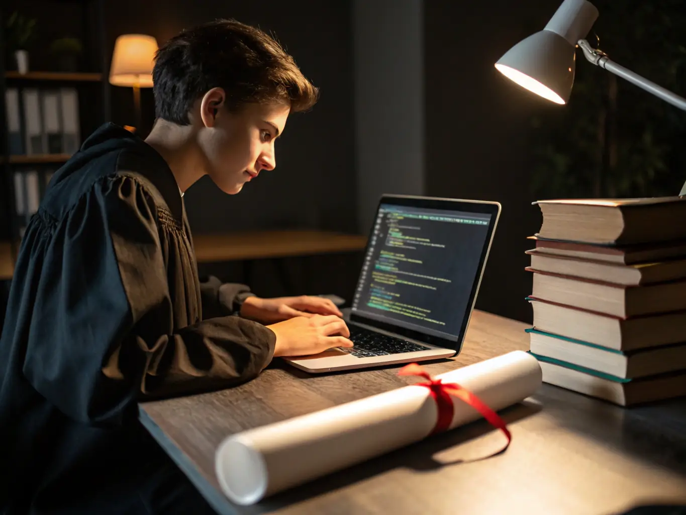 A student working on a laptop, coding with a focused expression, surrounded by books and notes, in a modern, well-lit study environment. The image should convey dedication and the pursuit of knowledge.