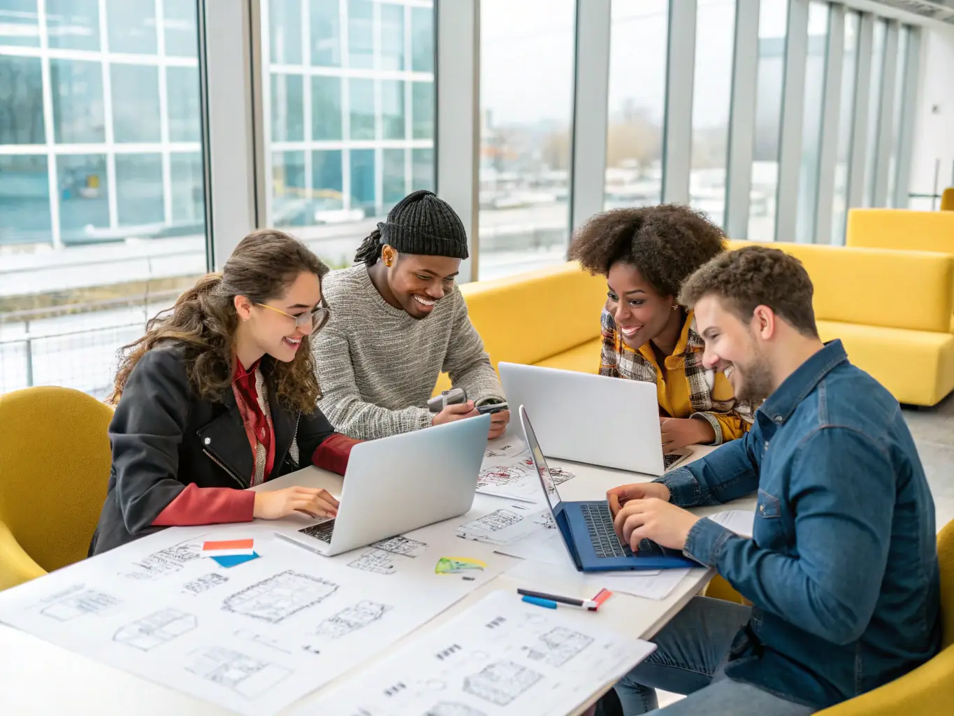 A diverse group of students collaborating on a web development project, using various devices and tools, in a modern, collaborative workspace. The image should convey teamwork and innovation.