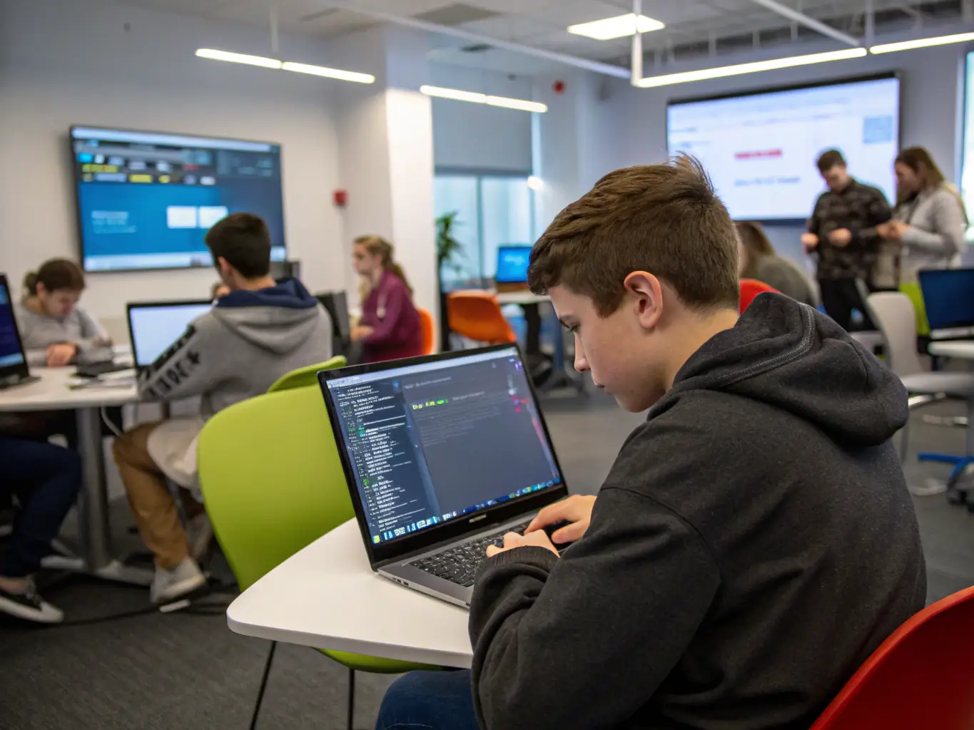 A student coding at a desk, focused on their screen, with a modern laptop and multiple monitors displaying code. The setting is a bright, collaborative workspace, symbolizing the learning environment at grandpaflow.site.