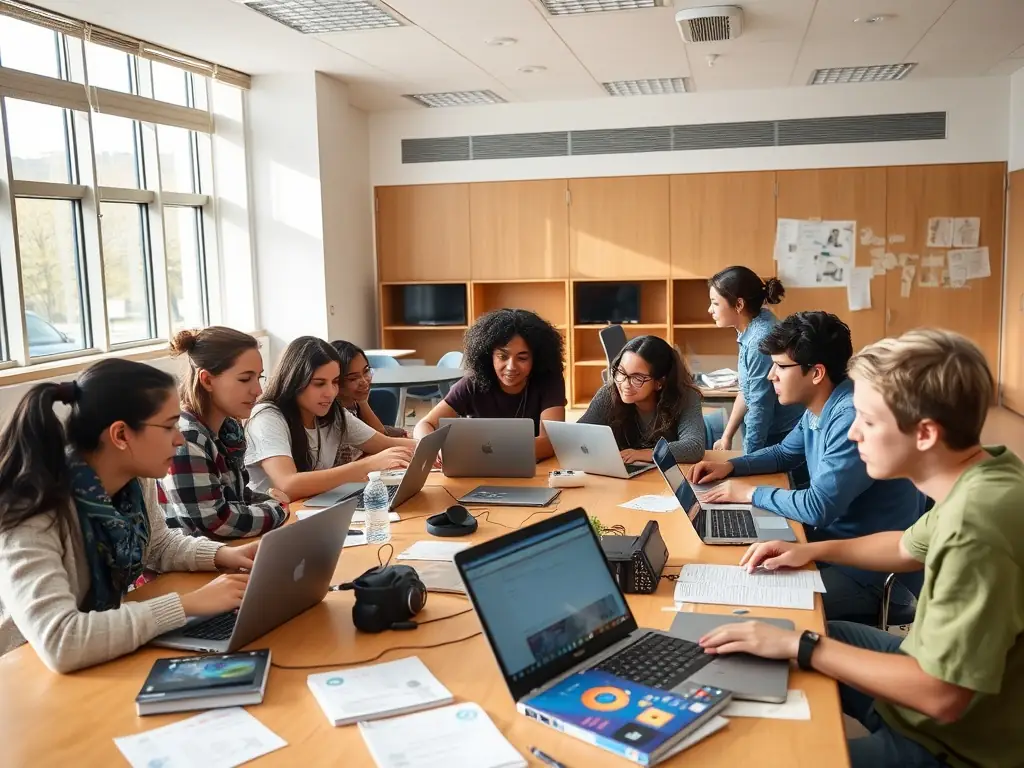 A group of students collaborating on a coding project, using a whiteboard to brainstorm ideas and solve problems. The atmosphere is energetic and supportive, reflecting the collaborative learning environment at grandpaflow.site.